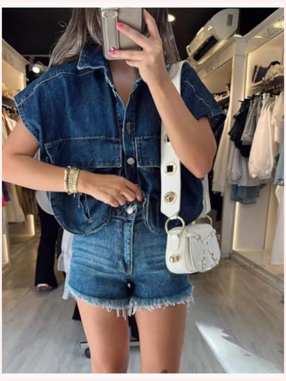 Sleeveless Cropped Denim Button Down Shirt with Pockets - Picture 3 of 7
